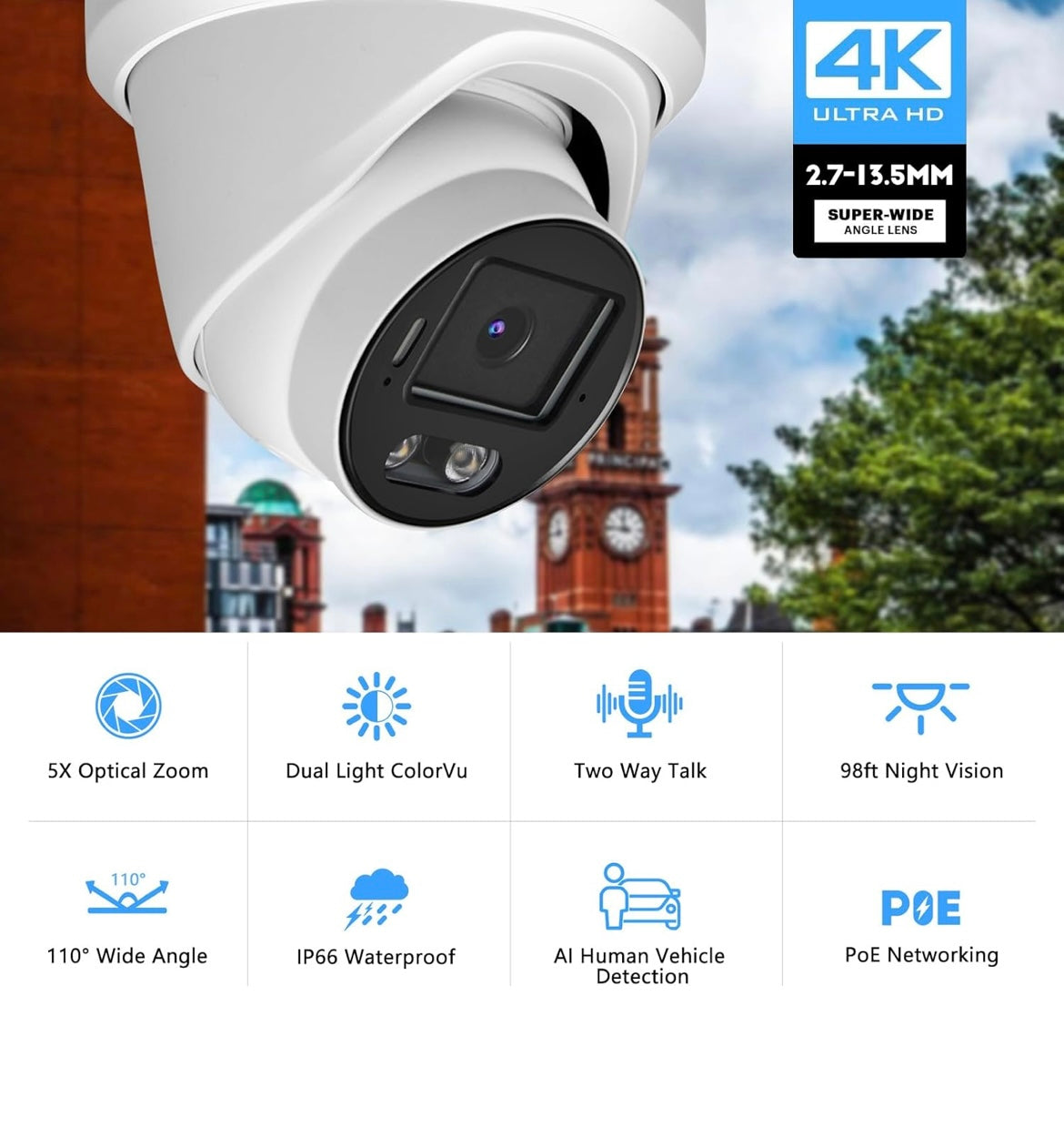 Cámara de seguridad IP PoE 4K de 8 MP, cámara IP domo H.265 con luz dual inteligente Colorvu, zoom óptico 5X, conversación bidireccional, ranura para tarjeta SD, visión nocturna de 98 pies