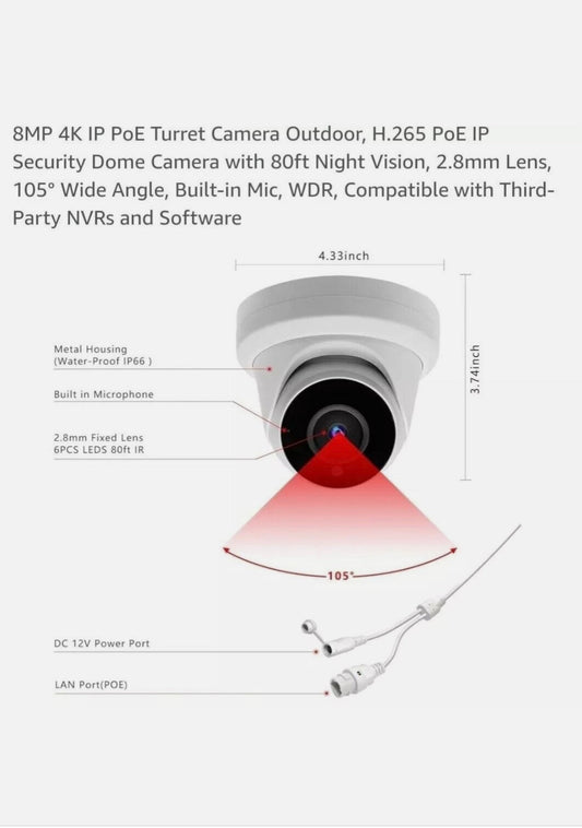 8MP 4K IP PoE Cámara Exteriror, H.265 PoE IP Visión Nocturna, Lente 2.8mm,
Ángulo Visió 105º.