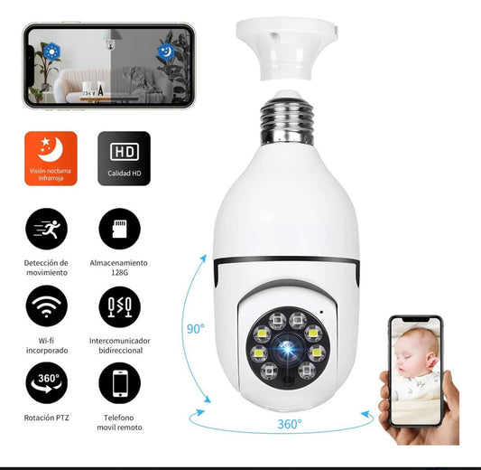 Cámara De Seguridad Wifi De 360° Visión Nocturna Alarma +64Gb SD