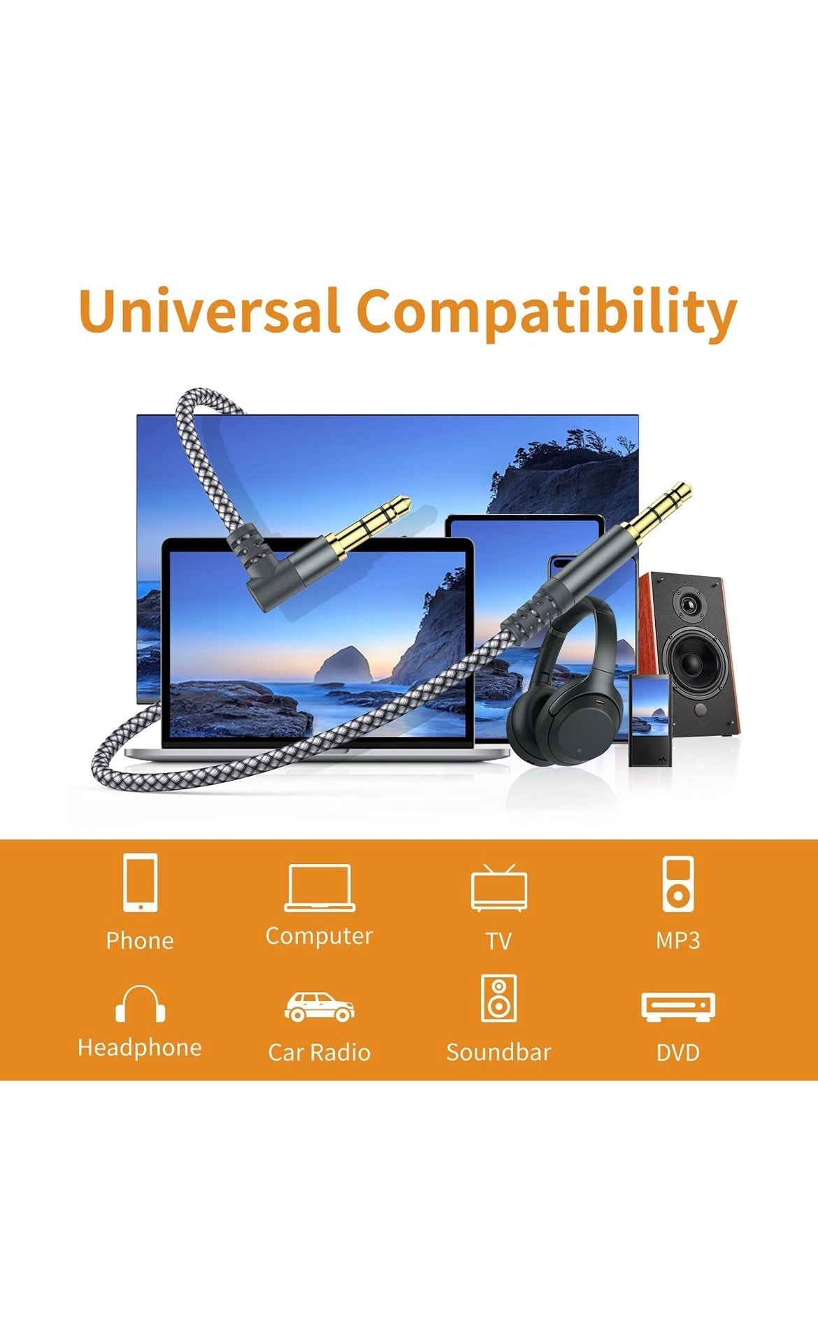 Cables auxiliar TRS de 1M, 90 grados derecho 3.5 mm, nailon trenzado 1/8 AUX