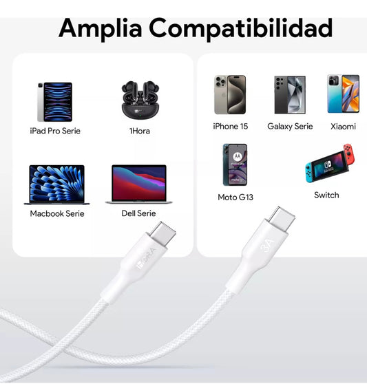 Cable Tipo C a Tipo C 1M 3A 1Hora Turbo Cable Carga Rapida Blanco