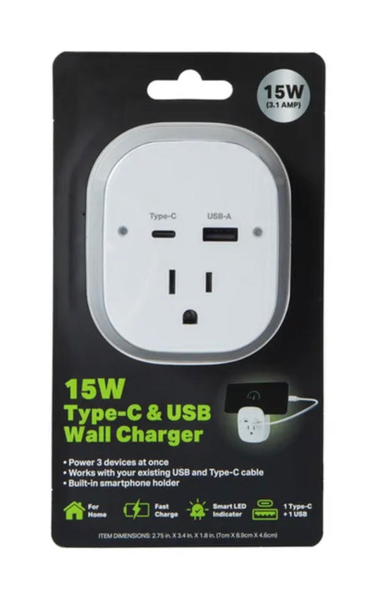 Cargador de pared USB-C USB-A 15W