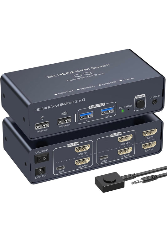 KVM Switch 2 Monitores 2 Computadoras 8K60Hz 4K120Hz KVM, 4 dispositivos USB