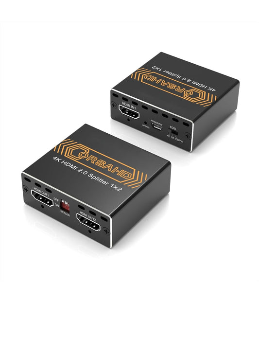 CORSAHD 4K@60Hz HDMI Splitter 1x2 4:4:4,18 Gbps, soporta barra de sonido, HDCP Bypass, EDID, duplicado/espejo/copia, escala baja, HDR, Dolby Vision Atmos,divisor HDMI 4K 1 en 2 salidas para monitores.